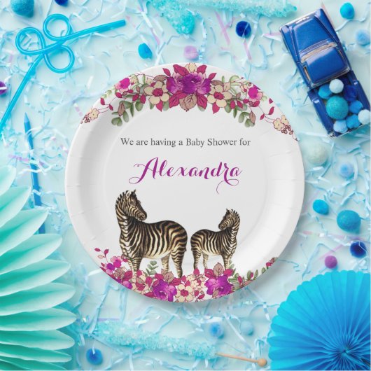 Elegantes Zebra Pink Floral Baby Shower Party Pappteller (Party)