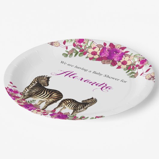Elegantes Zebra Pink Floral Baby Shower Party Pappteller (Schrägansicht)