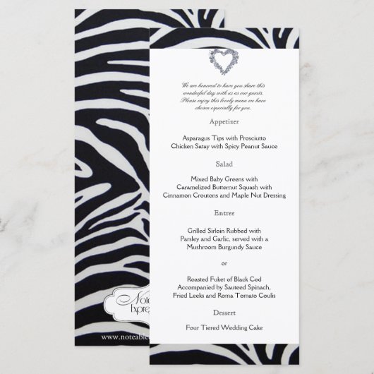 Elegantes Zebra Stripe Wedding Menu Menükarte (Vorne/Hinten)