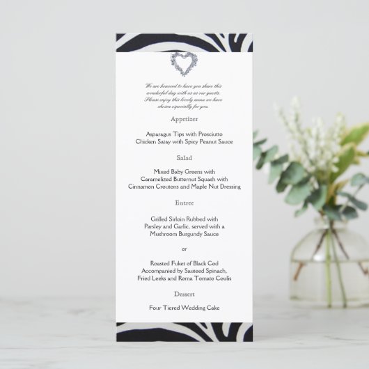 Elegantes Zebra Stripe Wedding Menu Menükarte (Stehend Vorderseite)