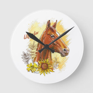 Elegantes zeichnend Pferd mit Pflanze und Blume Runde Wanduhr