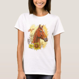 Elegantes zeichnend Pferd mit Pflanze und Blume T-Shirt