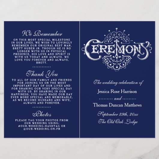 Elegantes Zeremoniell-Programm für Navy Blue & Whi (Vorderseite)