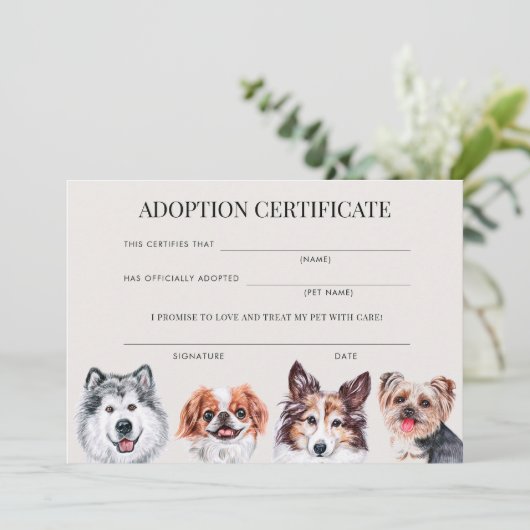 Elegantes Zertifikat über die Adoption von Hunden Einladung (Stehend Vorderseite)