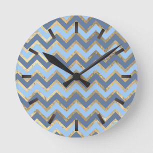 Elegantes Zickzack Blau- und Goldmuster Runde Wanduhr