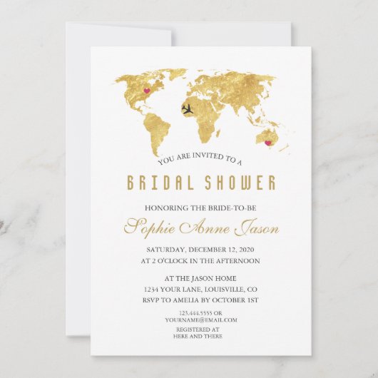 Elegantes Ziel Gold Weltkarte Brautparty Einladung (Vorderseite)