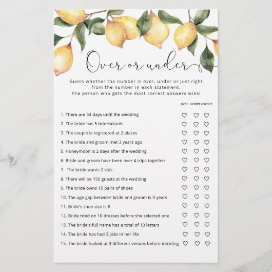 Elegantes Zitronenspiel über oder unter Brautparty (Vorderseite)