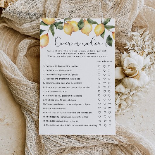 Elegantes Zitronenspiel über oder unter Brautparty