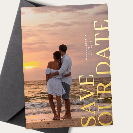 Elegantes Zwei-Foto-HochzeitsGOLD Save the Date Folieneinladung