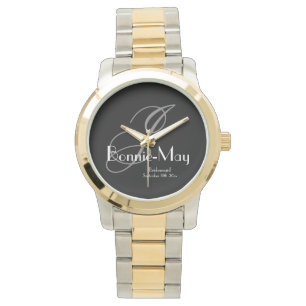 Elegantes Zweifarbiges Monogramm & Name Brautjungf Armbanduhr