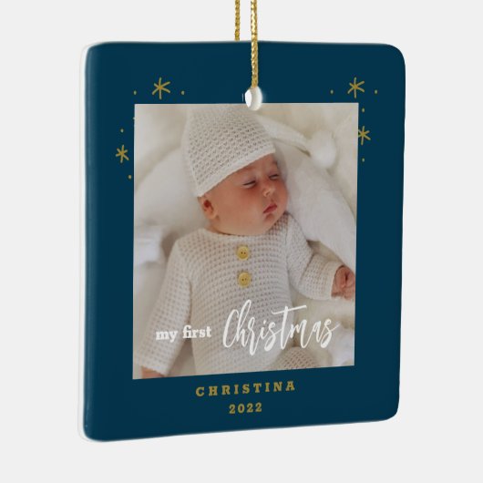 Elegantes zweiseitiges Foto von My First Christmas Keramikornament (Rechts)