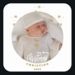 Elegantes zweiseitiges Foto von My First Christmas Quadratischer Aufkleber<br><div class="desc">Einfach und prächtig in goldenem Ton mit einem weißen festlichen Urlaubsskript dieses zweiseitige My First Christmas mit Baby's Foto. Ersetzen Sie durch Ihr Foto,  Name und Jahr der Wahl Genießen Sie die Jahreszeit!</div>