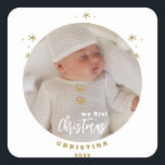 Elegantes zweiseitiges Foto von My First Christmas Quadratischer Aufkleber<br><div class="desc">Einfach und prächtig in goldenem Ton mit einem weißen festlichen Urlaubsskript dieses zweiseitige My First Christmas mit Baby's Foto. Ersetzen Sie durch Ihr Foto,  Name und Jahr der Wahl Genießen Sie die Jahreszeit!</div>