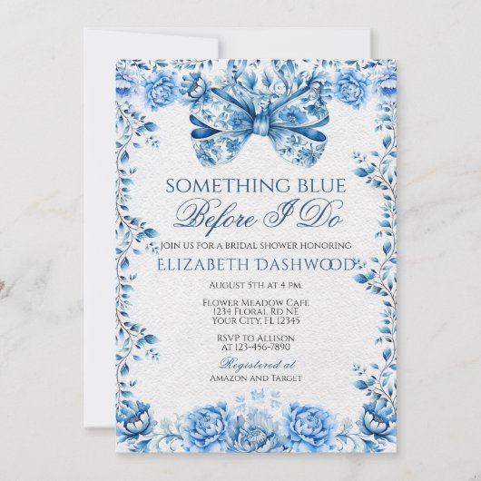 Eleganthing Blue Floral Bow Brautparty Einladung (Vorderseite)