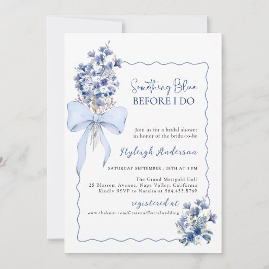 Eleganthing Blue Floral QR Code Bridal Showe Einladung (Vorderseite)