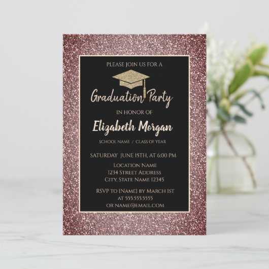 Eleganto Modern Gold Tiara Red Glitzer Grad Cap Einladung (Stehend Vorderseite)