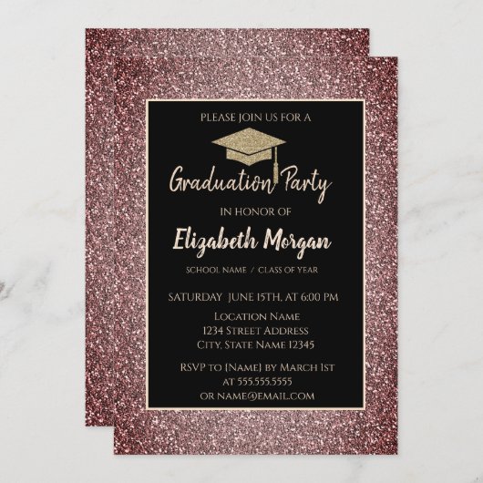 Eleganto Modern Gold Tiara Red Glitzer Grad Cap Einladung (Vorne/Hinten)