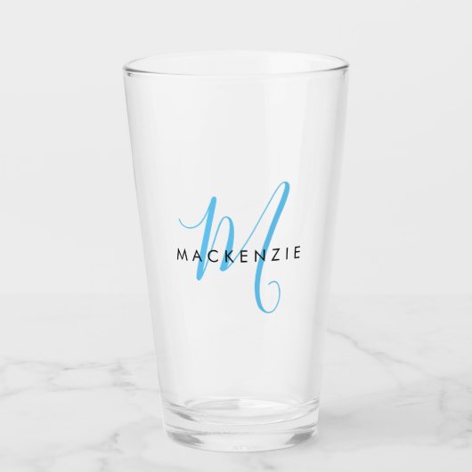 Eleganto Modern Sky Blue Script Monogram Glas (Vorderseite)