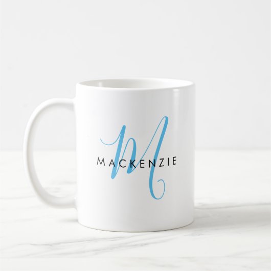 Eleganto Modern Sky Blue Script Monogram Kaffeetasse (Links)