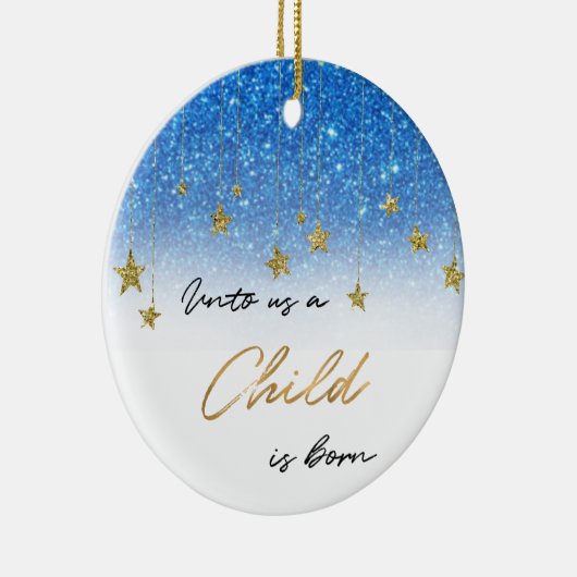 Eleganto Us Scripture Blauer Glitzer Weihnachten Keramik Ornament (Rechts)