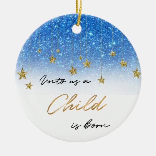 Eleganto Us Scripture Blauer Glitzer Weihnachten Keramik Ornament (Vorne)