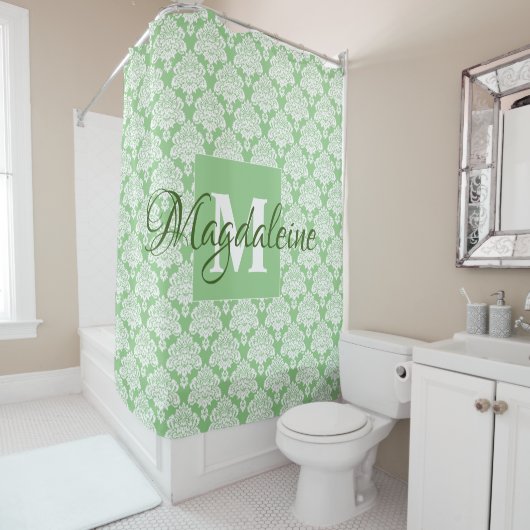 Elegantsage Green Damask Monogramm und Name Duschvorhang (Beispiel)