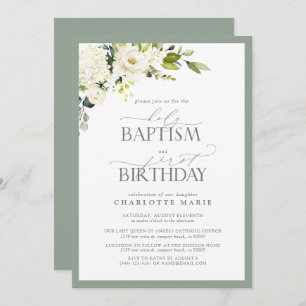 Elegantsage Green Floral Taufe 1. Geburtstag Einladung