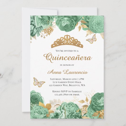 Elegantsage Green Gold Floral Quinceanera Einladung (Vorderseite)