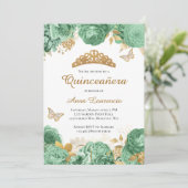 Elegantsage Green Gold Floral Quinceanera Einladung (Stehend Vorderseite)