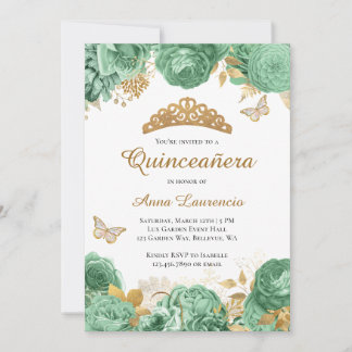 Elegantsage Green Gold Floral Quinceanera Einladung