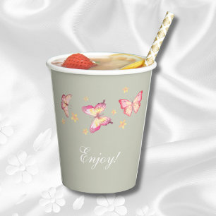 Elegantsage Green Pink Butterfly Babydusche Pappbecher