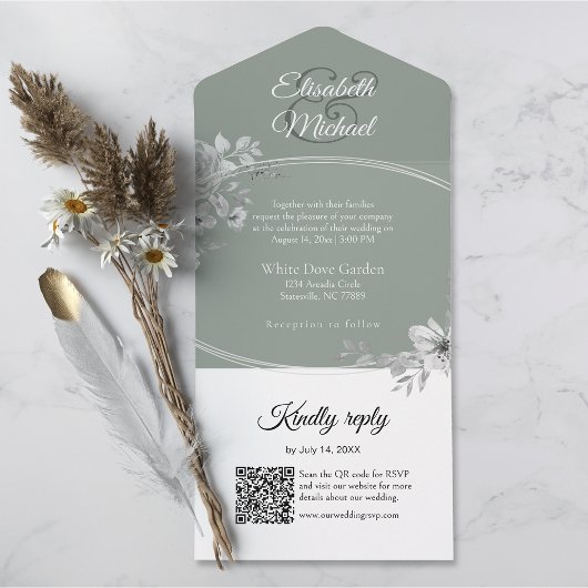 Elegantsage Green QR Code Monogram Wedding RSVP All In One Einladung
