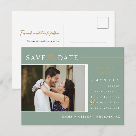 Elegantsage Green Save the Date Kalender QR-Code Postkarte (Vorne/Hinten)
