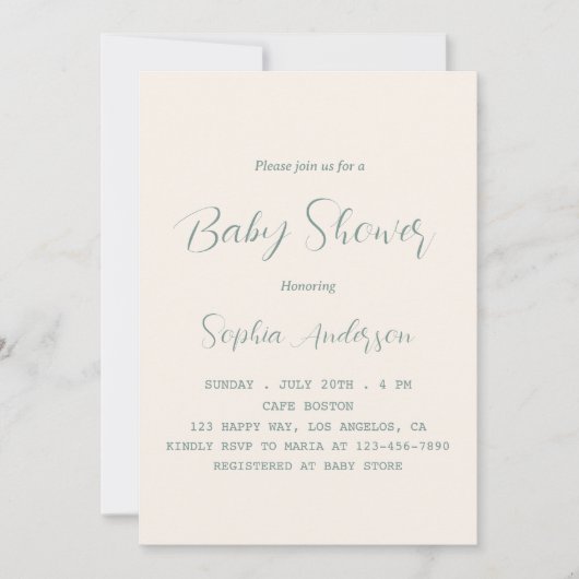 Elegantsage Green Script Baby Shower - Minimalisti Einladung (Vorderseite)