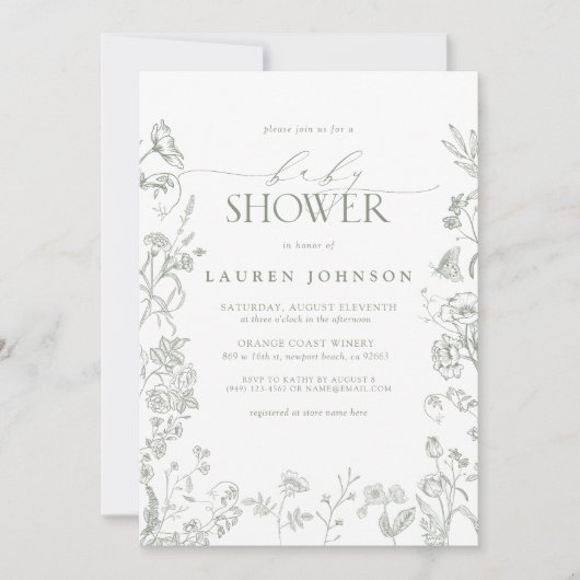 Elegantsage Green Viktorianisch Floral Baby Dusche Einladung (Vorderseite)