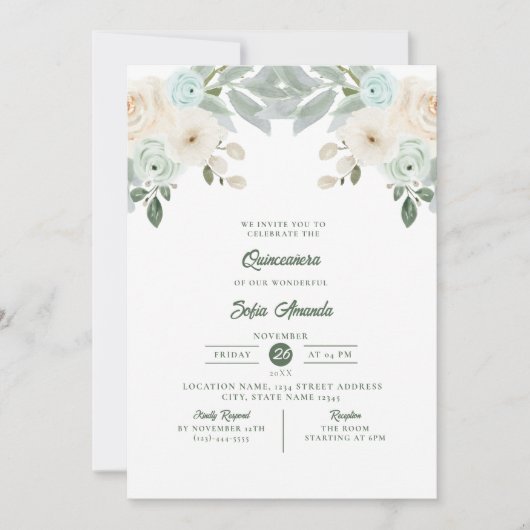 Elegantsage Grüne Blumenprinzessin Quinceañera Einladung (Vorderseite)