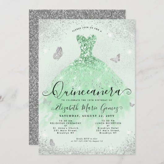 Elegantsage Grüner Silberner Glitzer Gown Quincean Einladung (Vorne/Hinten)