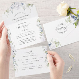 Eleganweiß mit Blauer Blüte und Kalligraphie All In One Einladung