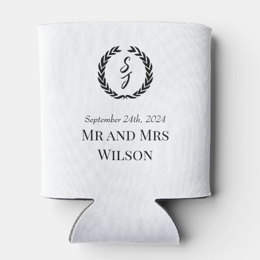 Eleganweiß mit Schwarz-Monogramm-Kranz Dosenkühler (Rückseite)