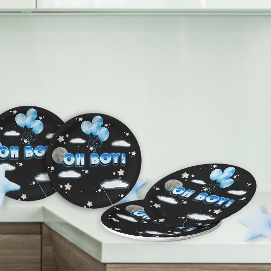 Elegany Oh Boy Blue Balloons Galaxy Baby Dusche Pappteller