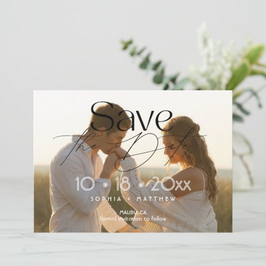 Eleganz Hochzeitsfoto Save The Date (Stehend Vorderseite)