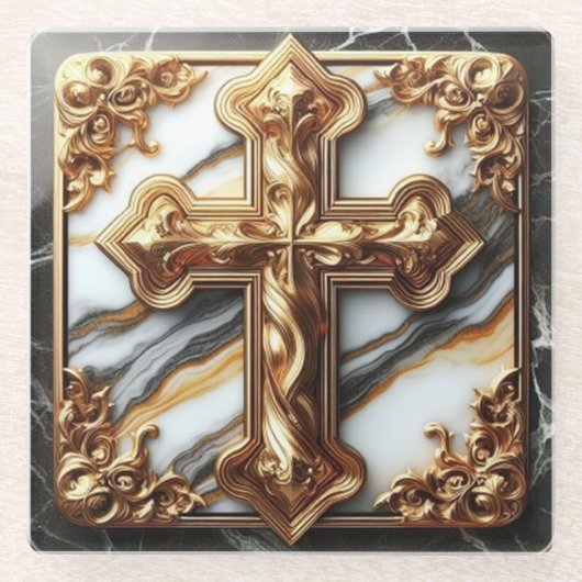 Eleganz in Absolution Cross auf Marmor mit Gilded Glasuntersetzer (Vorderseite)