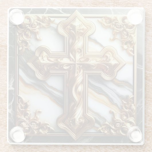 Eleganz in Absolution Cross auf Marmor mit Gilded Glasuntersetzer (Rückseite)