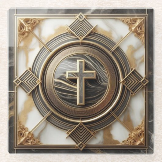 Eleganz in Absolution Cross auf Marmor mit Gilded Glasuntersetzer (Vorderseite)
