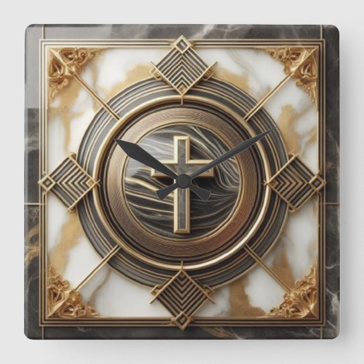 Eleganz in Absolution Cross auf Marmor mit Gilded Quadratische Wanduhr (Vorderseite)