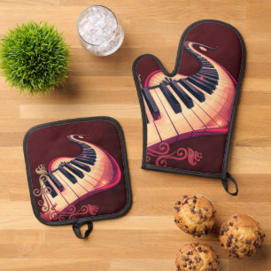 Eleganz in Bewegung, das gebogene Klavier. Ofenhandschuh & Topflappen-Set