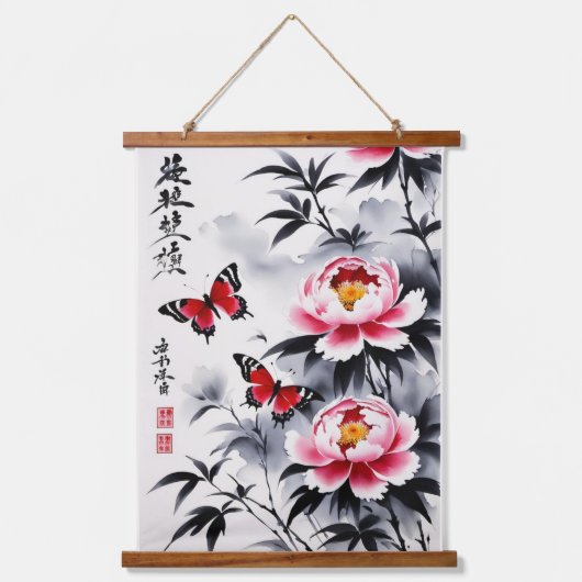 Eleganz in Bloom: Blumen und Portrait Harmonie Wandteppich Mit Holzrahmen (Vorderseite)