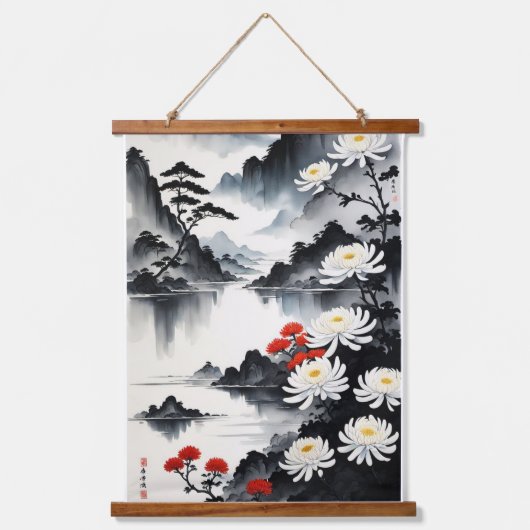 Eleganz in Bloom: Blumen und Portrait Harmonie Wandteppich Mit Holzrahmen (Vorderseite 3)