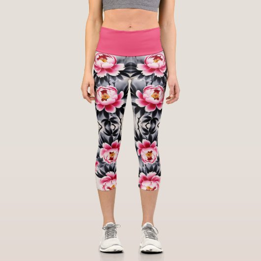 Eleganz in Blüten: Florale Harmonie gedruckt Capri Leggings (Vorderseite)