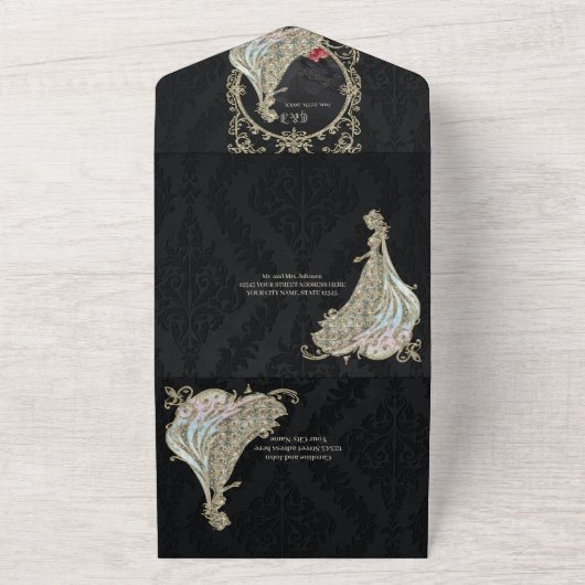 Eleganz in Gold und Schwarz. All In One Einladung (Außenbereich)